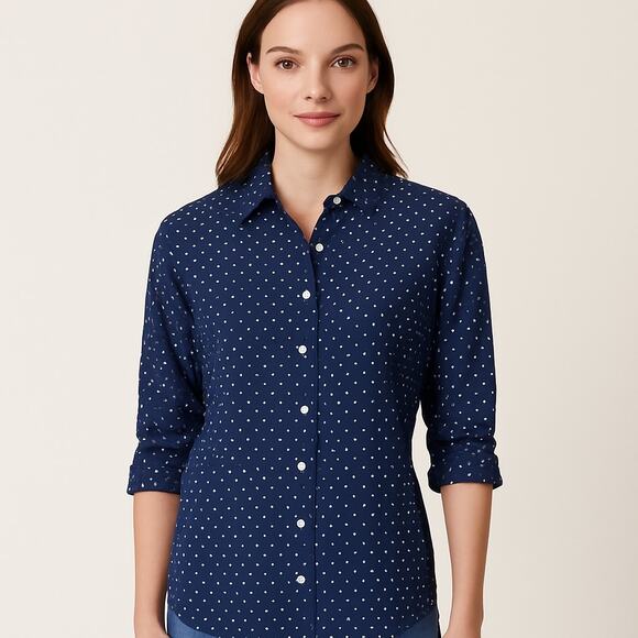 Chaps by Ralph Lauren Polka Dot No-Iron Button-Up Shirt–Navy/White–Size Medium - Picture 3 of 6